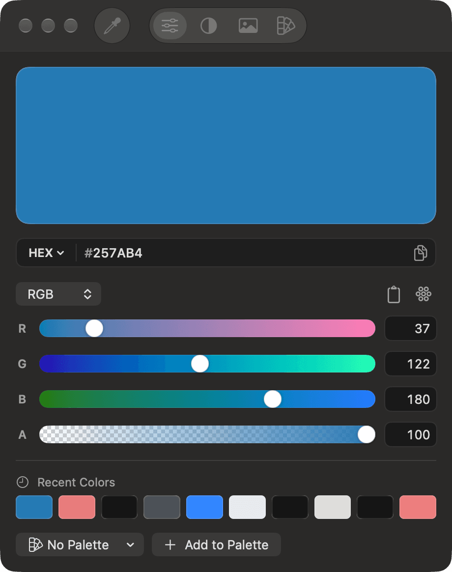 ScreenLasso’s color panel with a blue picked from the screen, shown as HEX and RGB, and recent colors below.