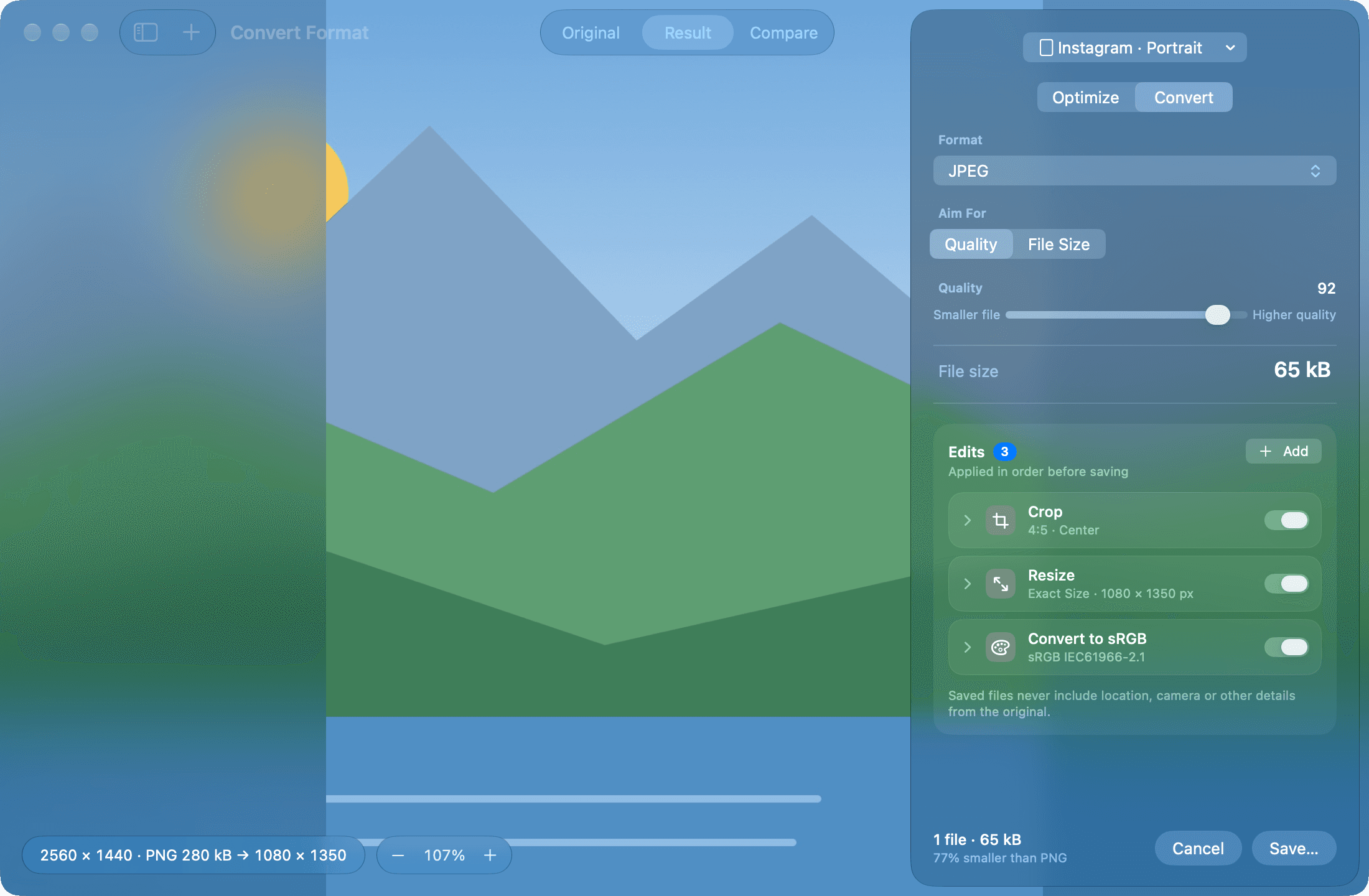 ScreenLasso’s Convert window: a landscape image cropped to 4:5 and resized to 1080 × 1350 with the Instagram portrait preset, saved as a 65 kB JPEG.